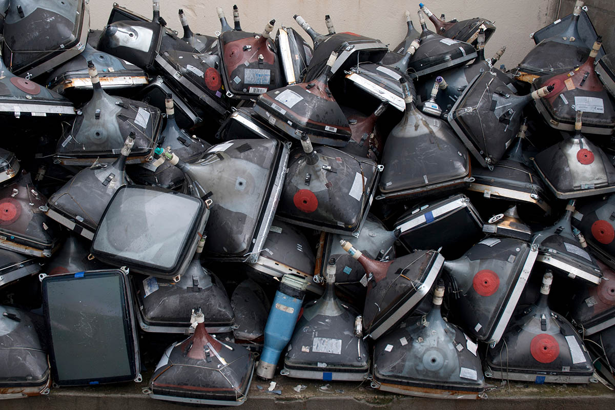 A pile of CRTs gathered for recycling.
