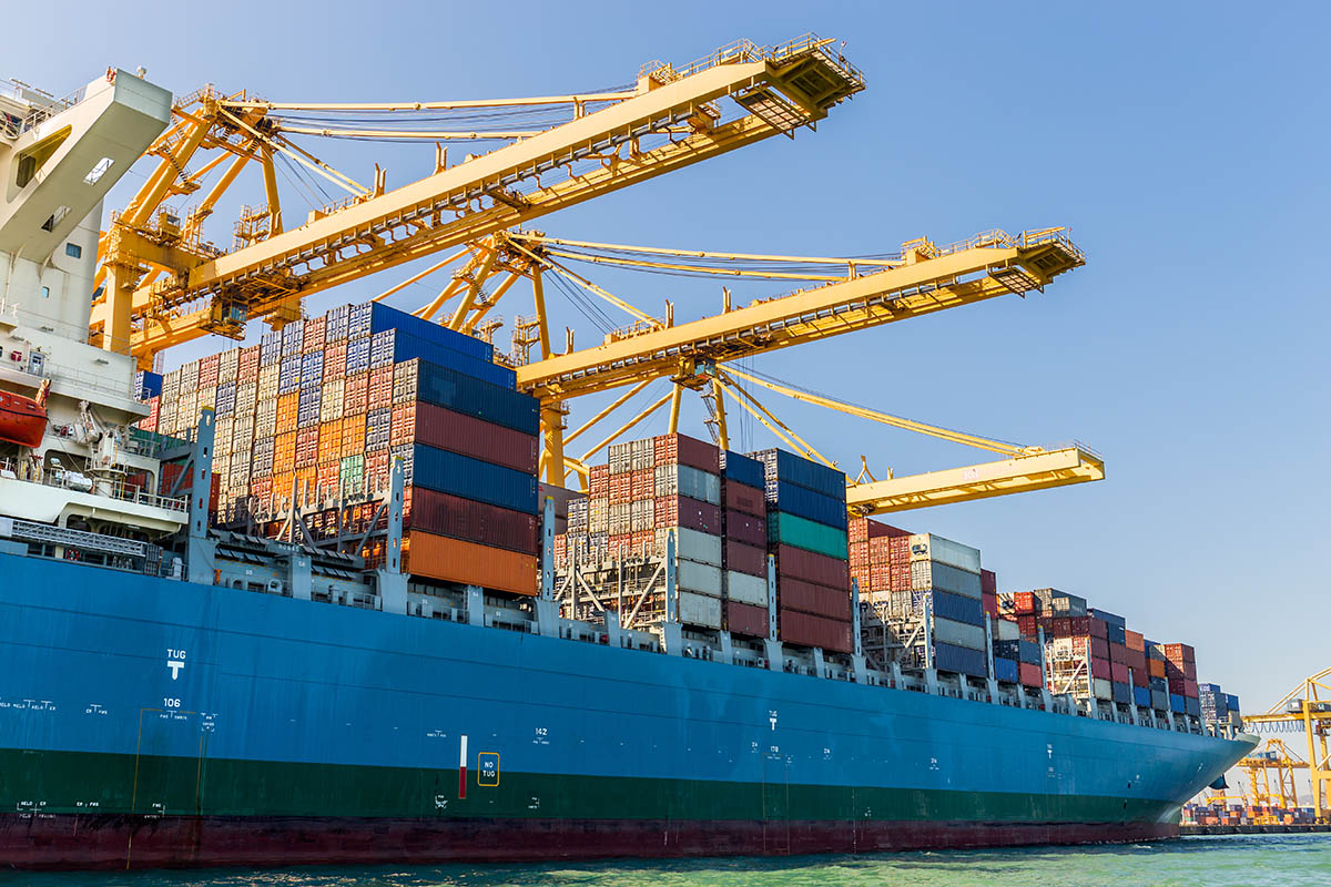 Cargo container ship at port.