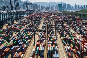 Aerial view of a cargo at a Hong Kong shipping terminal.