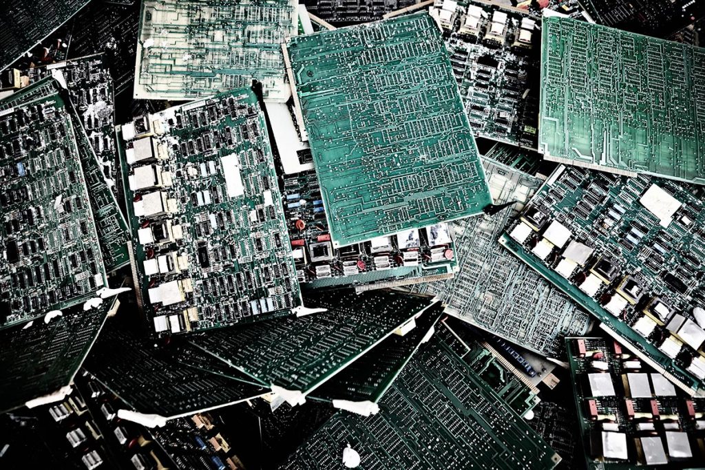 A pile of circuit boards for recycling.