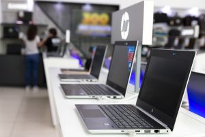 HP laptops at an electronics store.