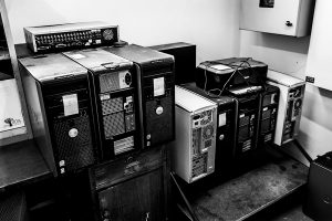 Desktop computers gathered for recycling.