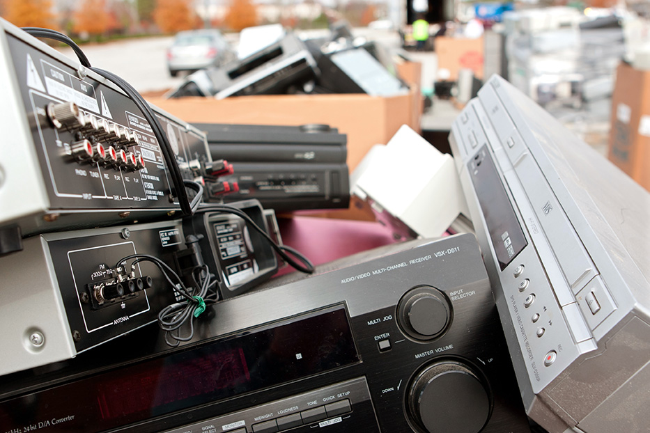 Various electronic devices gathered for recycling.