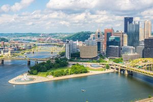 Pittsburgh city center with river and bridges.