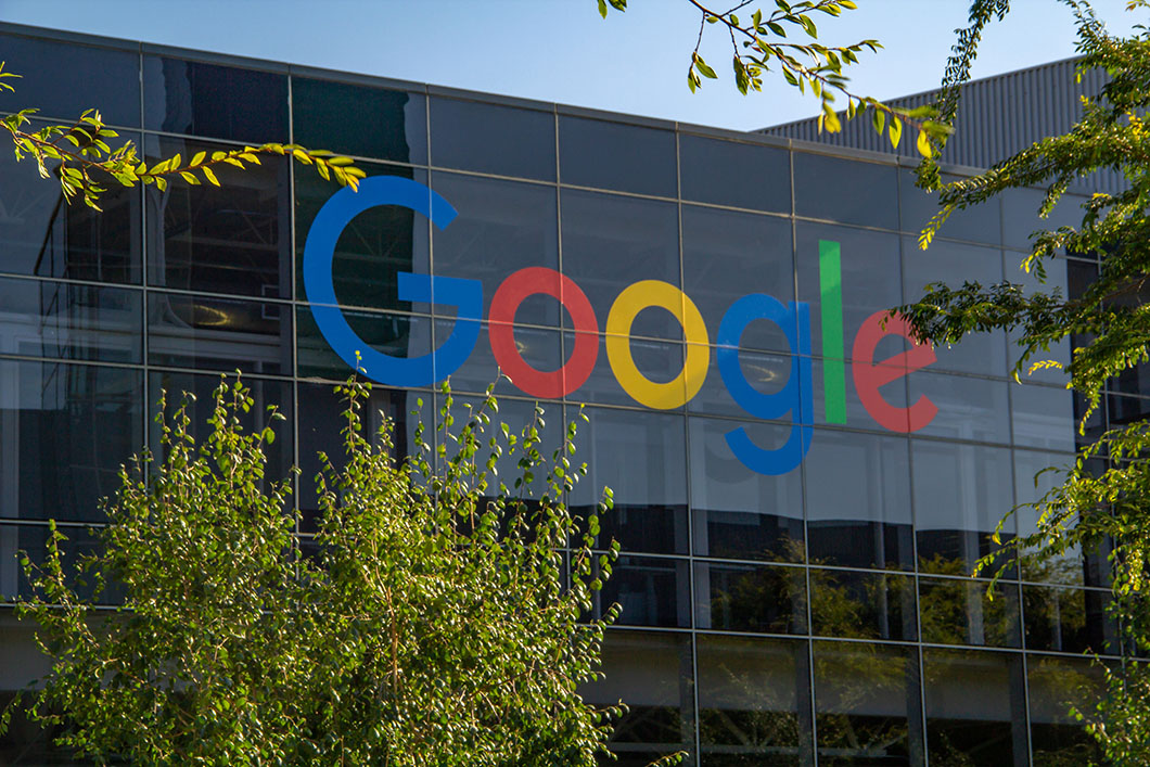 Google logo on exterior of company building in California.