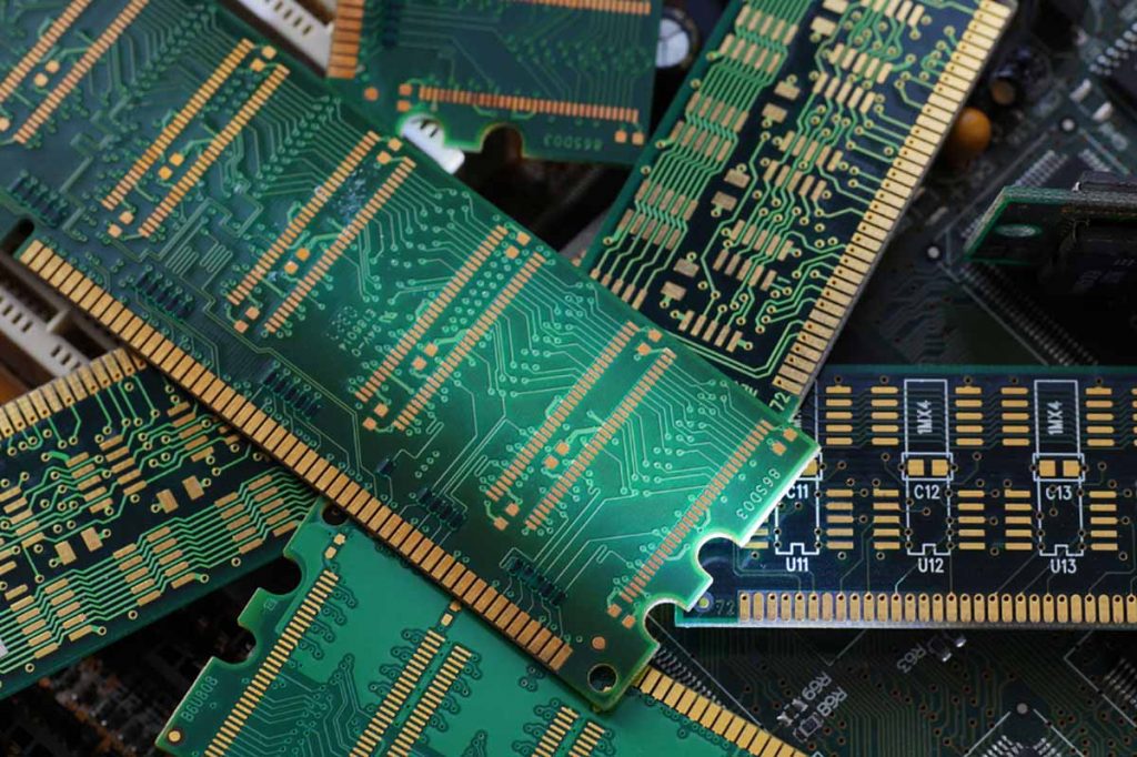 Closeup of e-scrap circuitboards.
