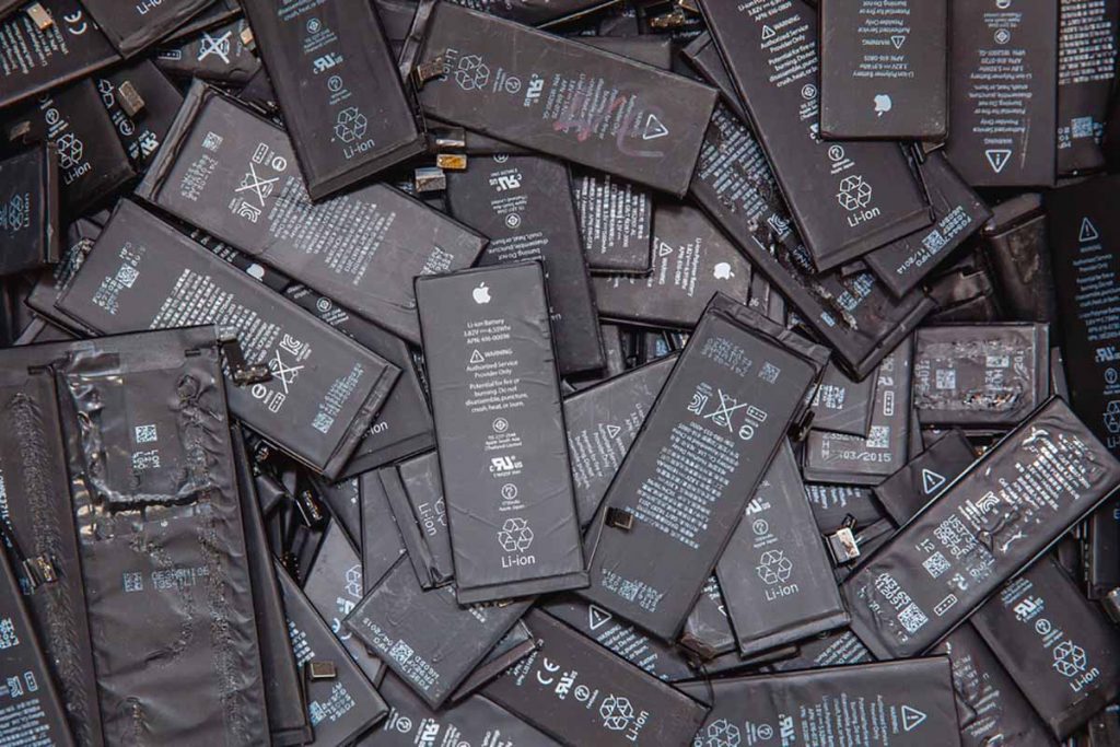 A pile of iPhone lithium-ion batteries for recycling.