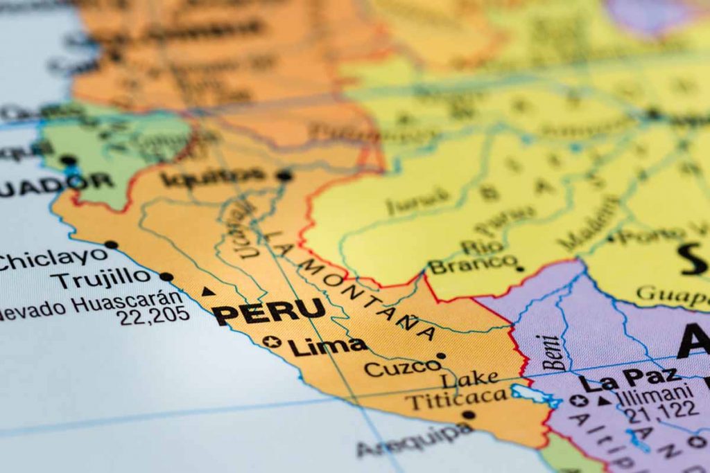 Close up of a map of Peru.