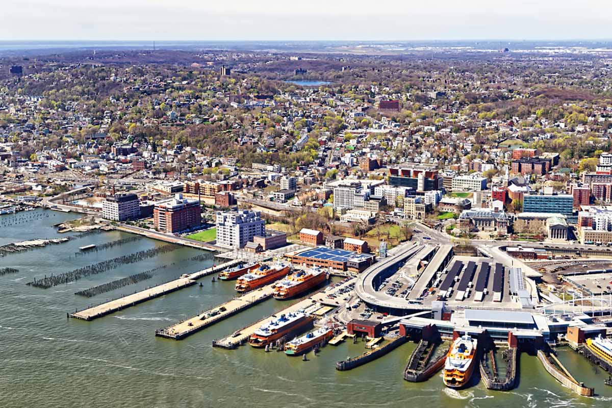 Aerial view of Staten Island ferry terminal and surrounding area.