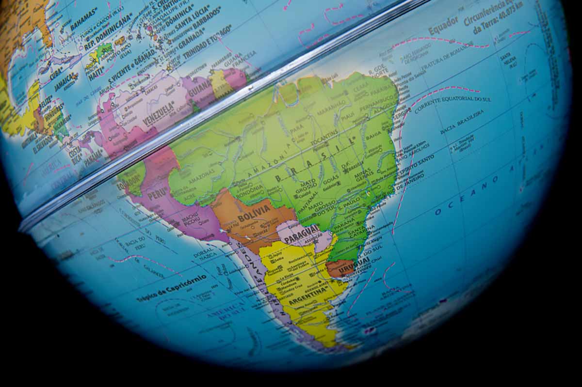 View of globe with focus on South America.