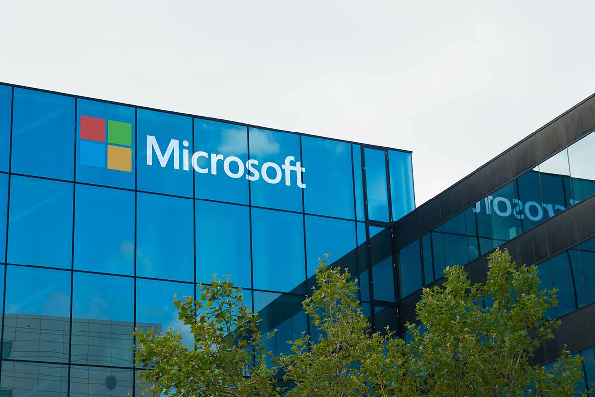 Microsoft logo on company building.