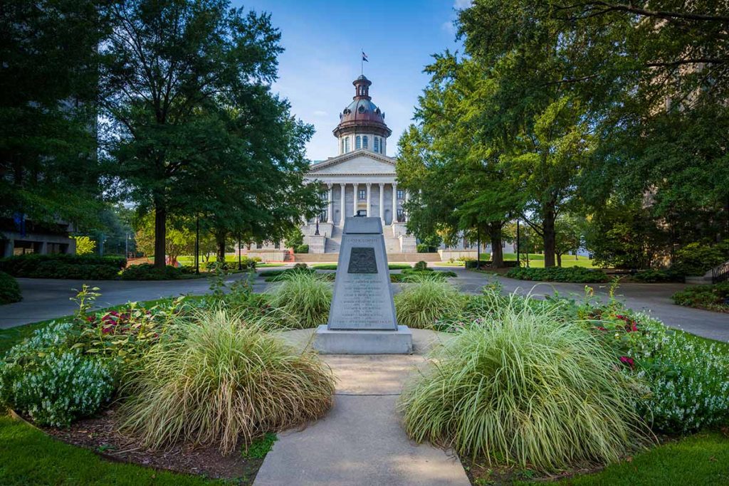 South Carolina capitol building with gardens.