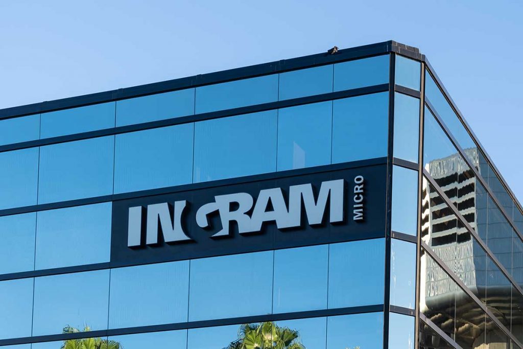 Ingram Micro sign on company building in California.