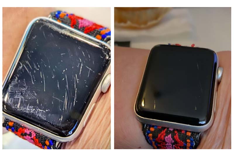 Apple watch with scratches and with scratches removed by Red Wolf Technology's polisher.