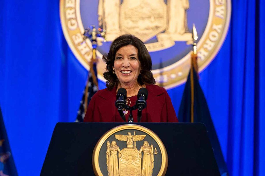N.Y. governor Hochul at a podium, speaking at an event.