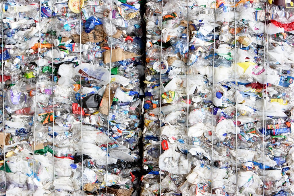 Bales of plastic materials for recycling.