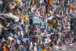 Bales of mixed plastics for recycling.