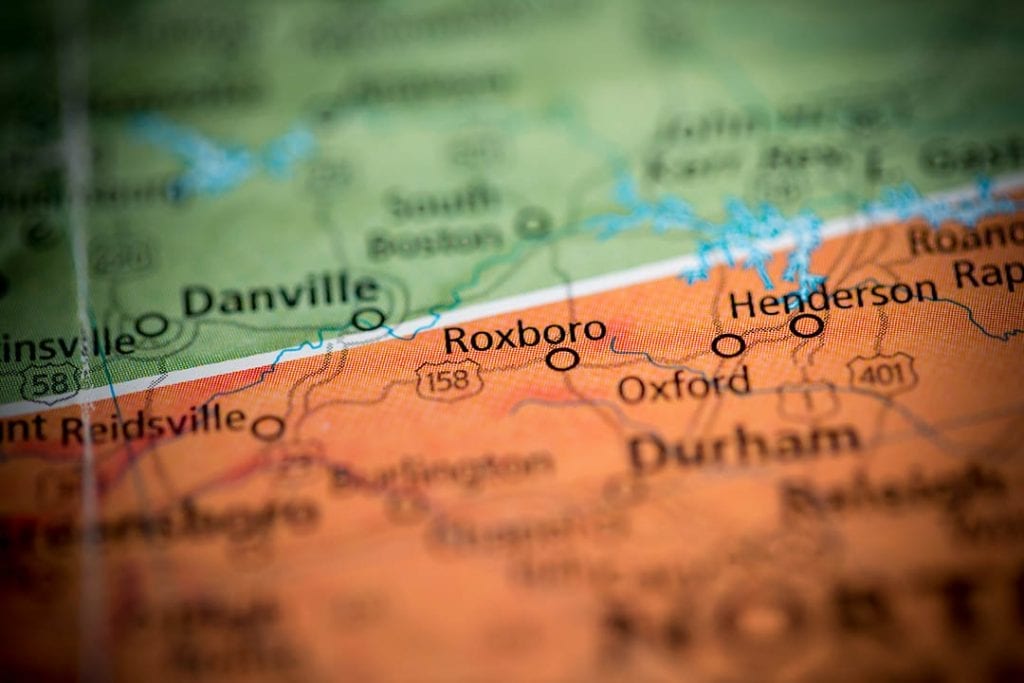 Close-up of map showing Roxboro, N.C.