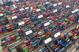 Containers stacked at the Kwai Tsing port in Hong Kong.