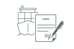 Drawing of a cargo ship and a contract being signed.