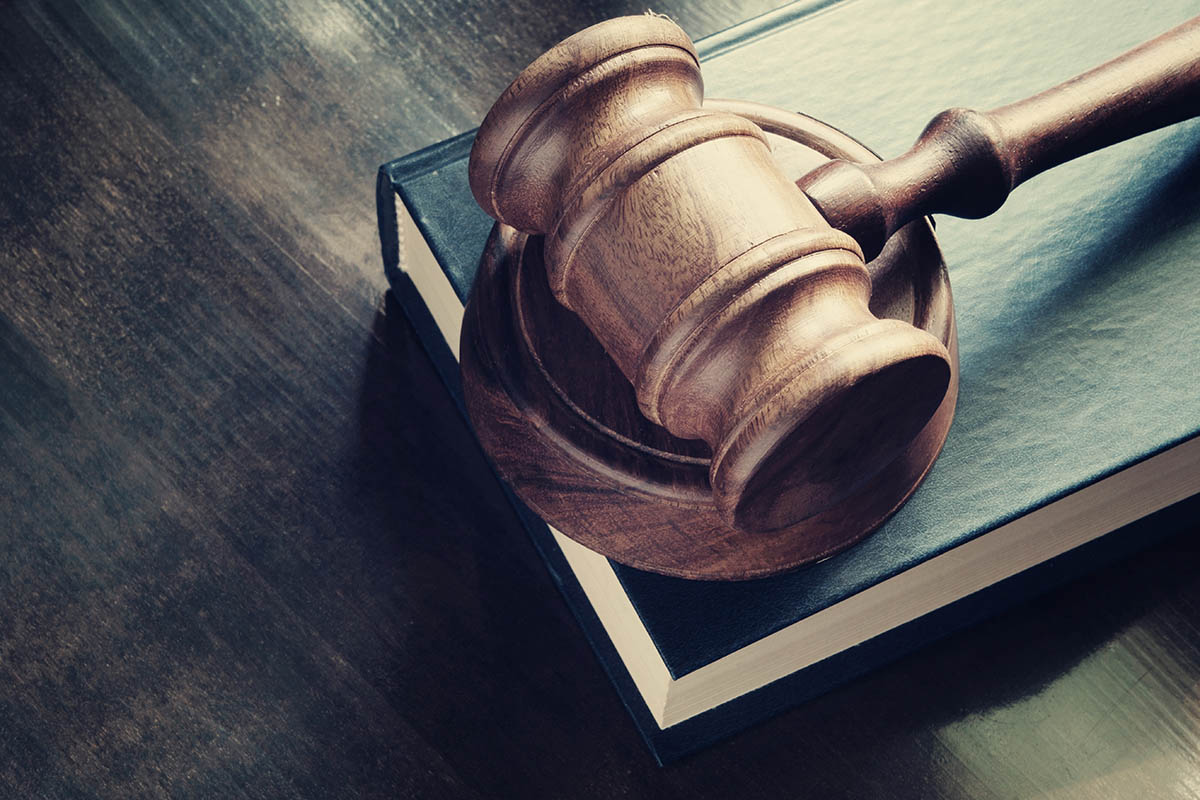 Court gavel resting on a book.