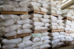 Grain feed bags stacked on pallets.