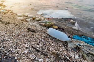 Plastics littering an ocean beach.