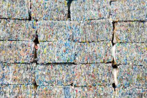 Stacked bales of PET for recycling.