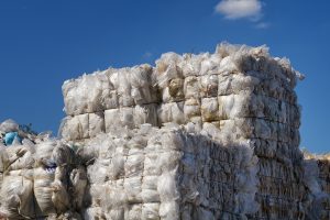 Bales of plastic film for recycling.