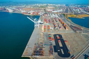 Cargo and cranes at Oakland harbor.