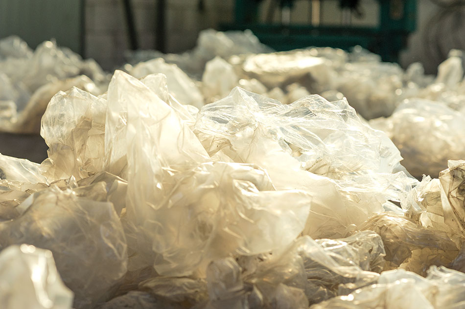Bales of plastic film for recycling.