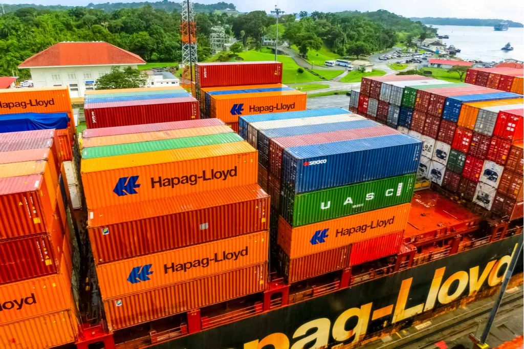 Hapag-Lloyd shipping vessel with cargo.