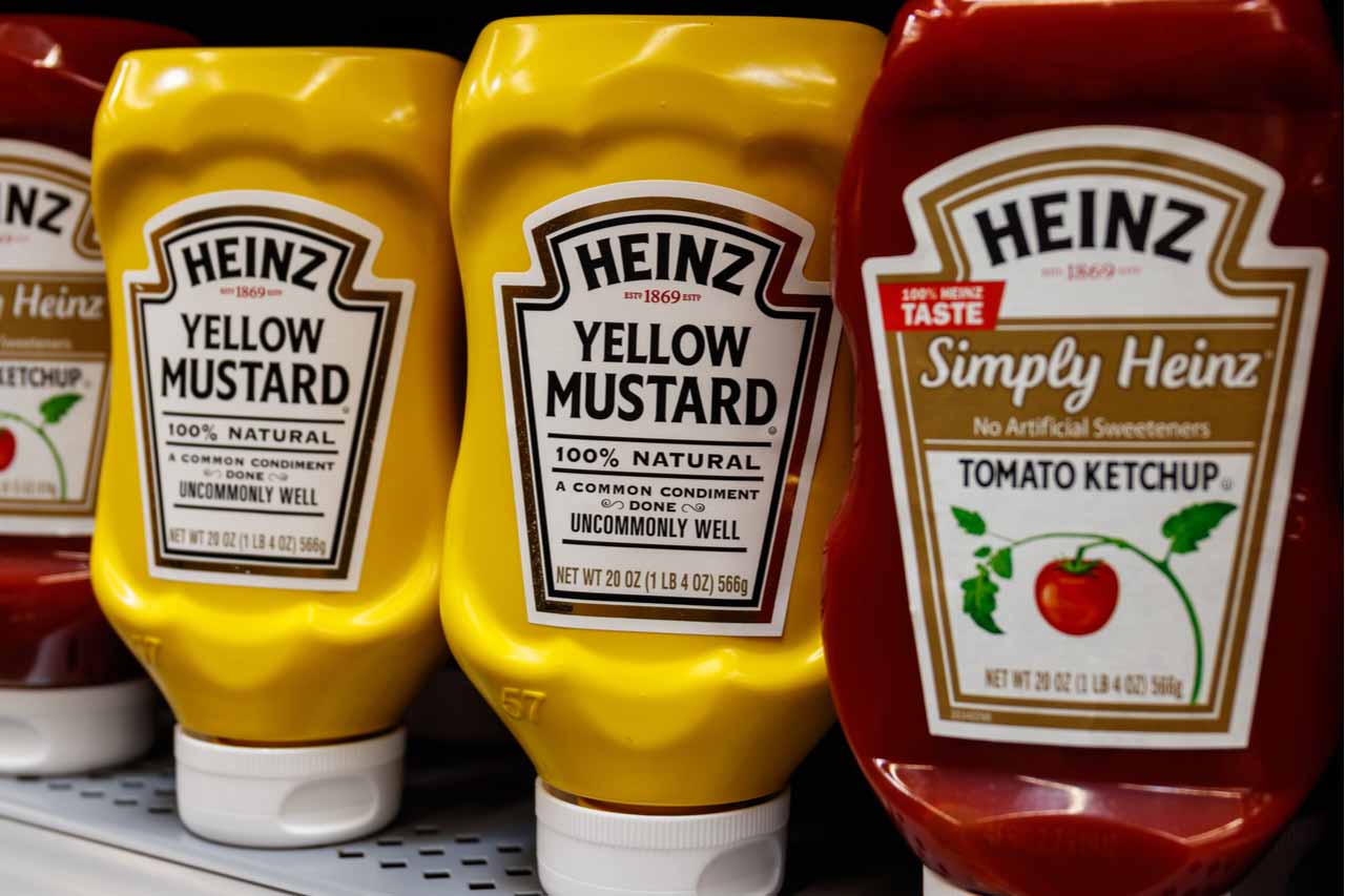 Heinz ketchup and mustard packaging.