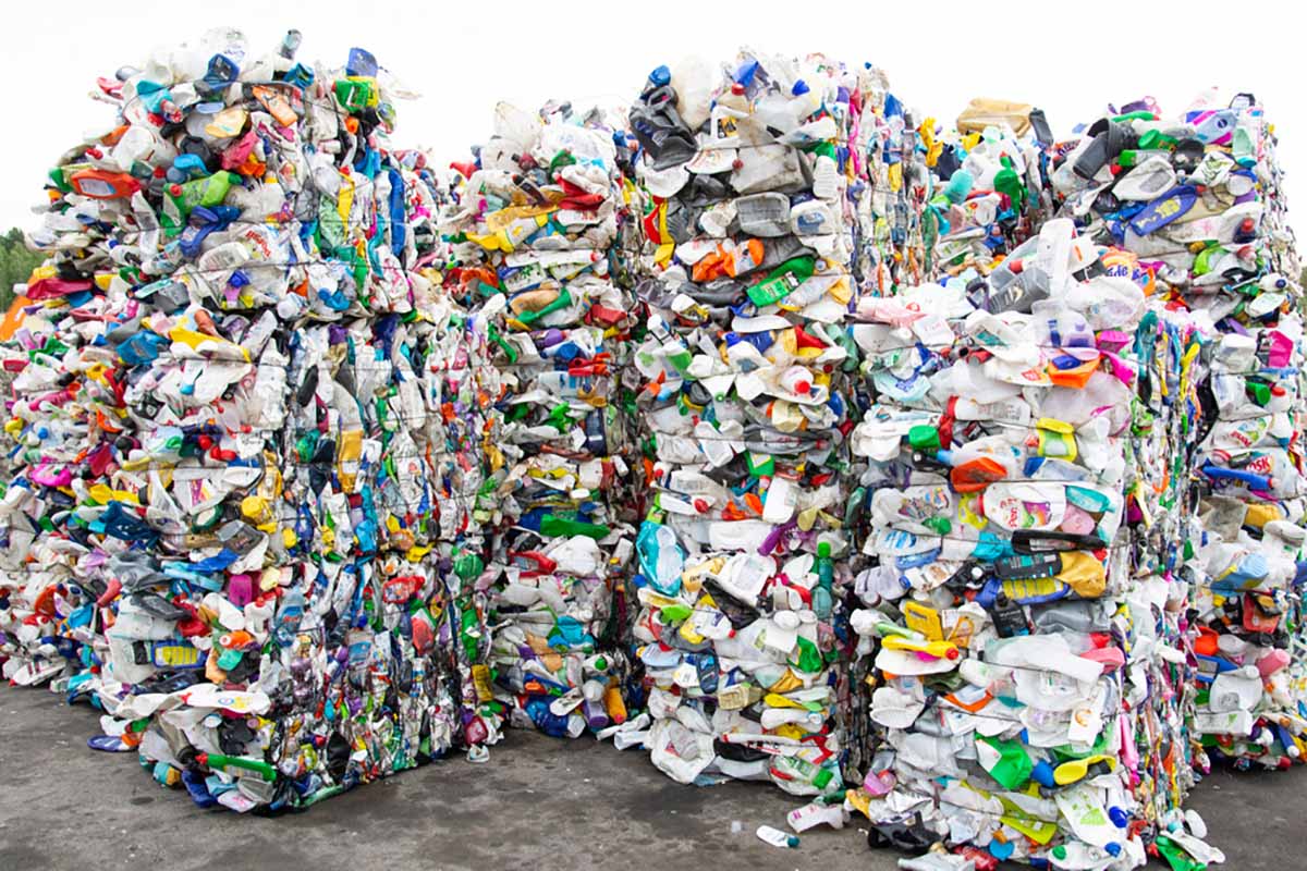 Baled plastics for recycling.
