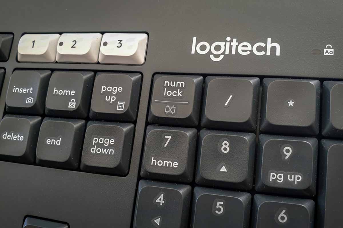 Closeup of a Logitech keyboard.