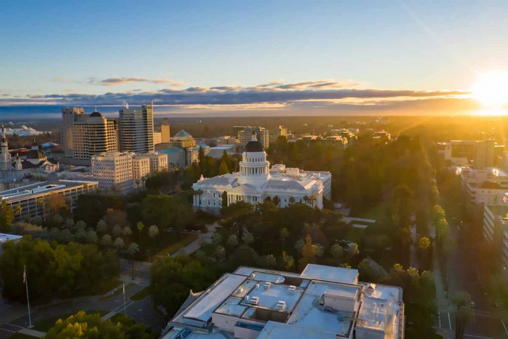 Aerial view of the California state capitol building in Sacramento.