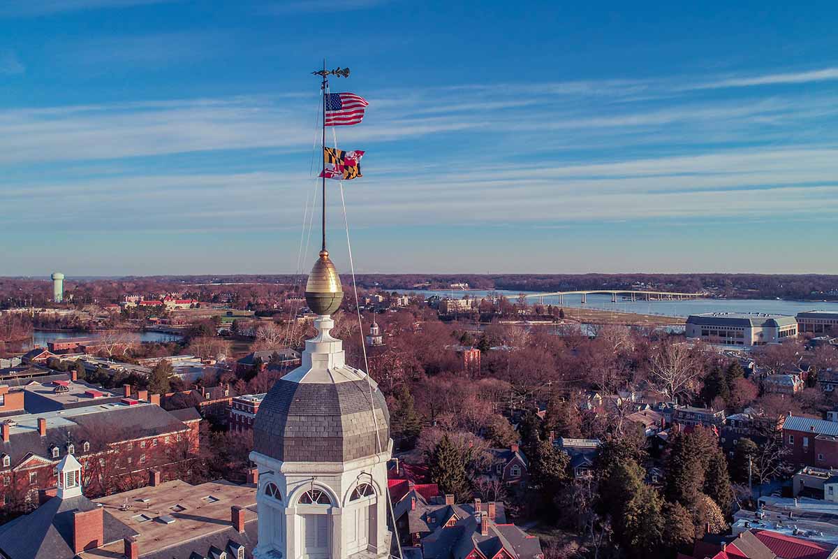 Annapolis, Md. seen from above with capitol and flags.
