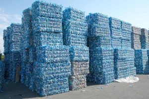 PET bales stacked for recycling.