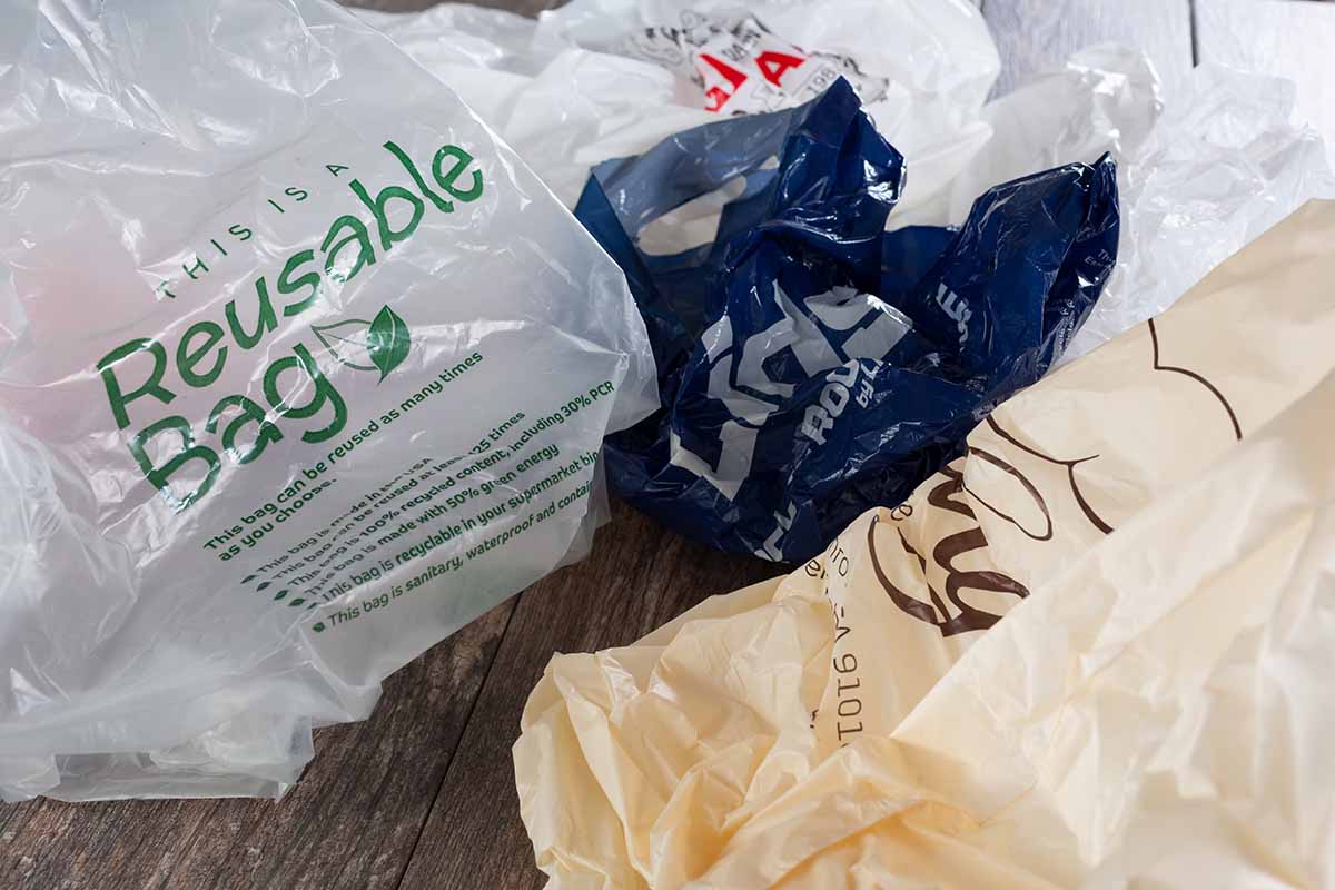 Reusable plastic bags on a table.