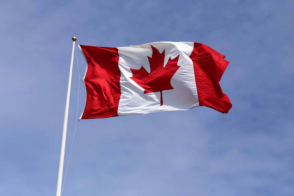Canadian flag against blue sky background.