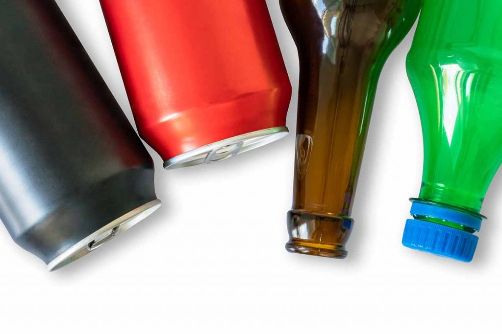Different beverage containers, metal, glass and plastic.