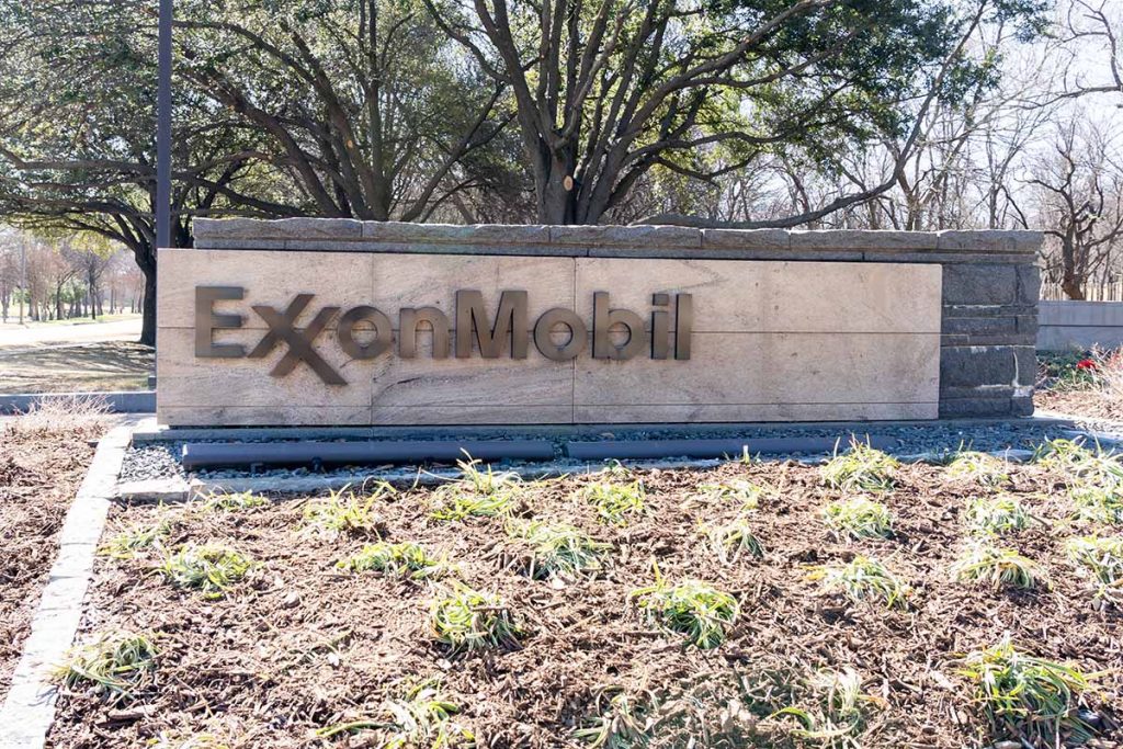 ExxonMobil company sign outside a company facility in Texas.