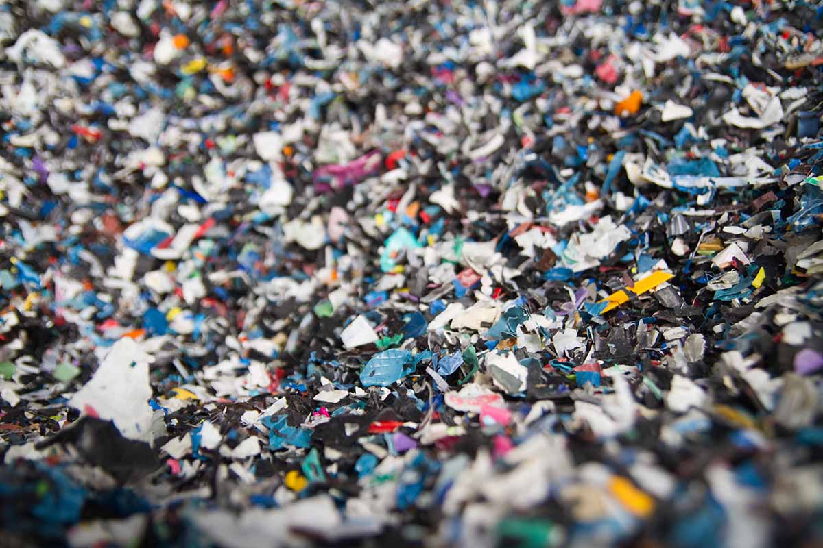 Shredded plastics for recycling.