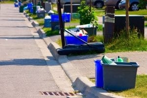 Recycling bins sit curbside on a residential street.