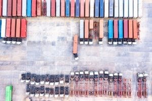 Aerial view of trucks and trailers.