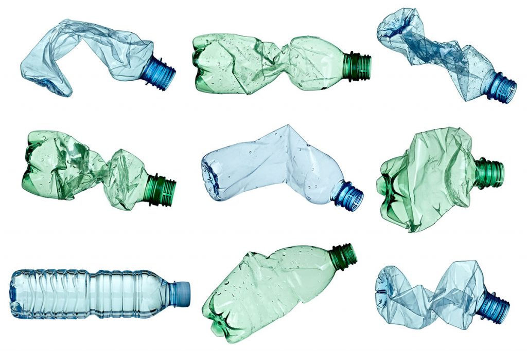 Empty plastics bottles for recycling.