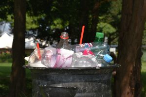 Plastics in a waste bin.