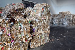 Baled paper in a recycling facility.
