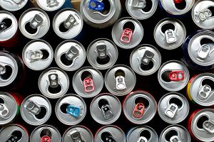 Used beverage cans viewed from above.