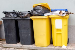 Waste and recycling bins behind a building.